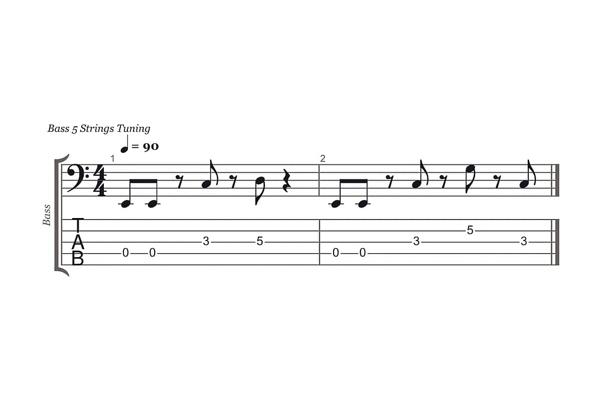 A five-string bass tab converted to bass clef notation