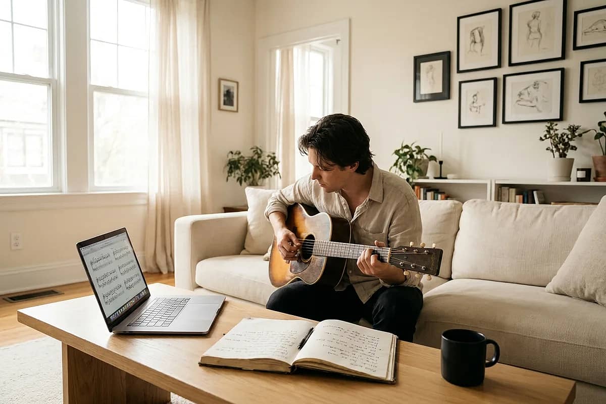 A songwriter turning a guitar riff into a lead sheet
