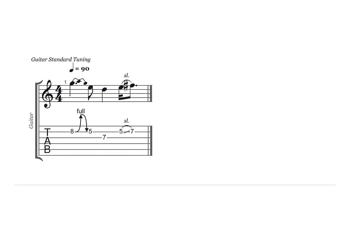 A lead guitar line with a bend and a slide in text tab and in notation