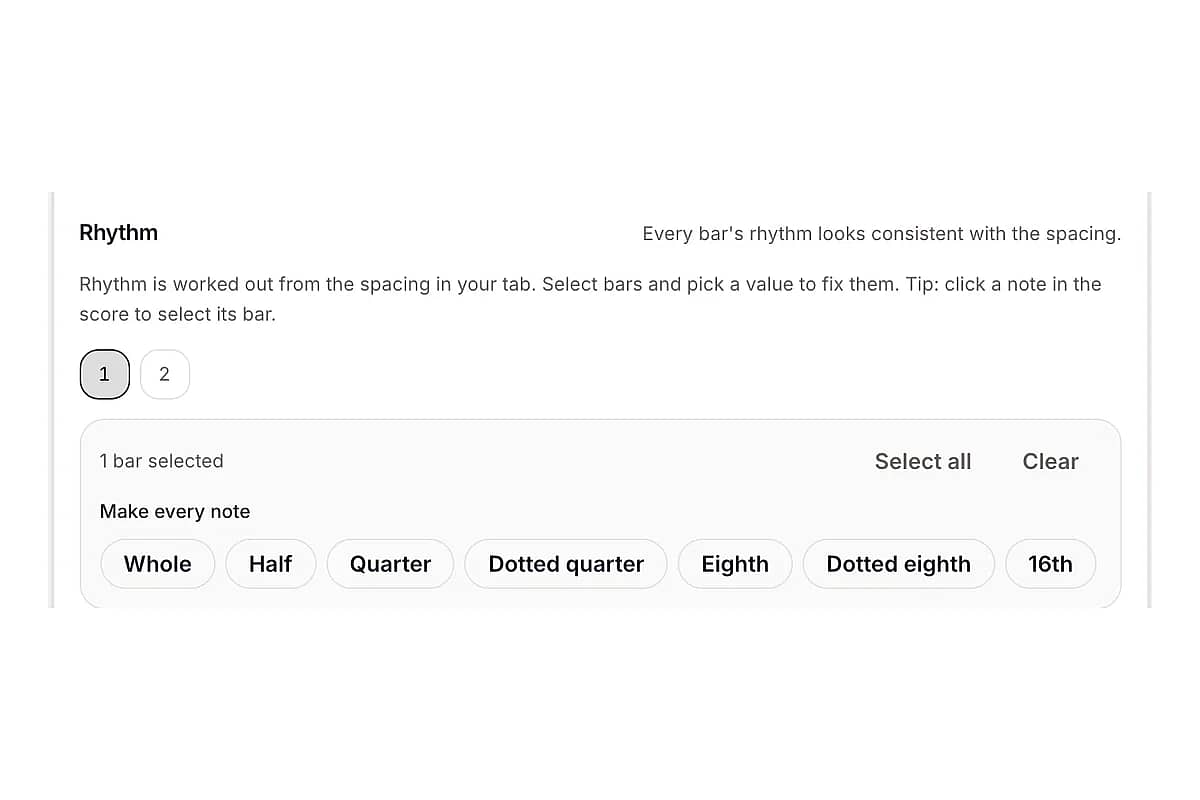 Selecting a bar and changing its note values in the TabToSheetMusic converter