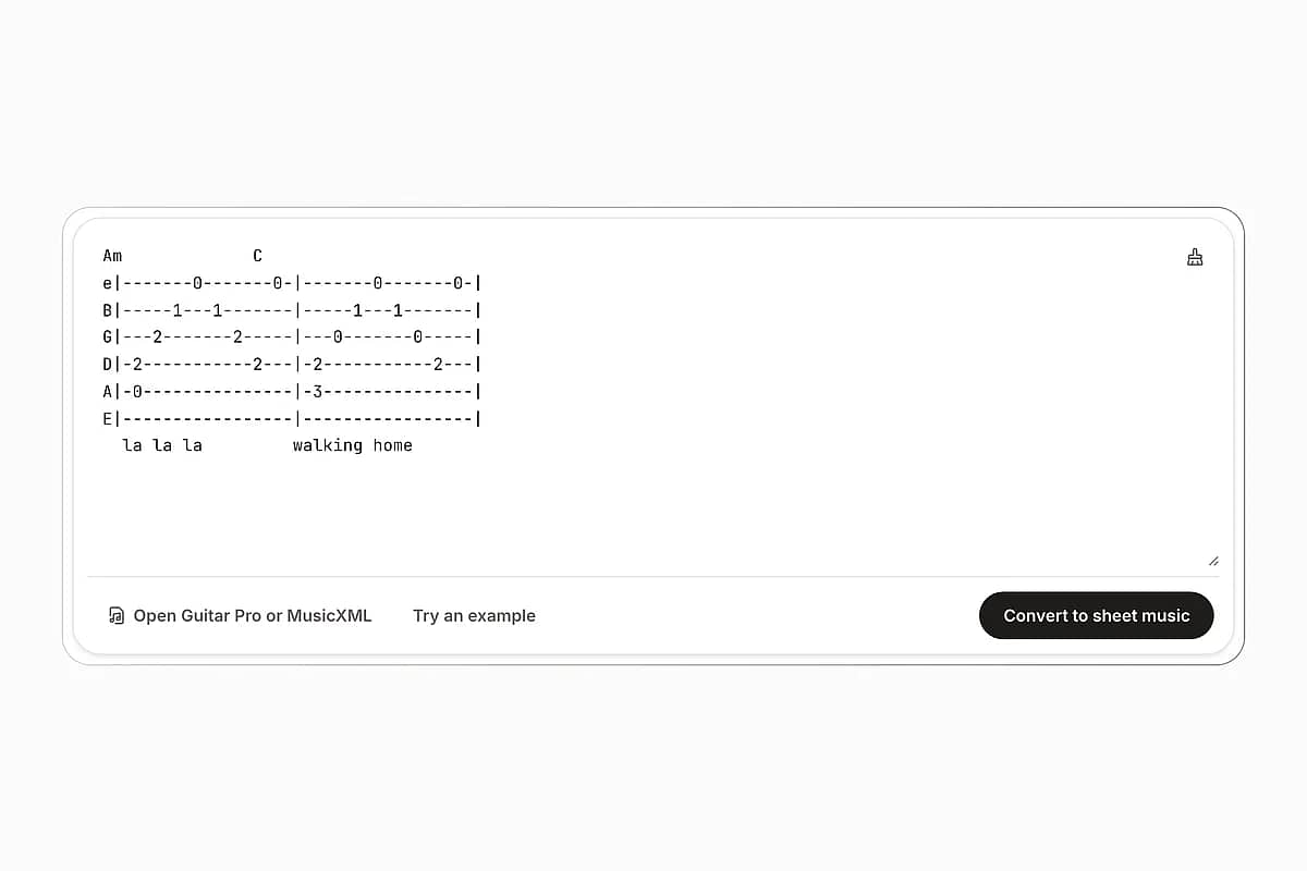Pasting a plain-text guitar tab into the TabToSheetMusic converter