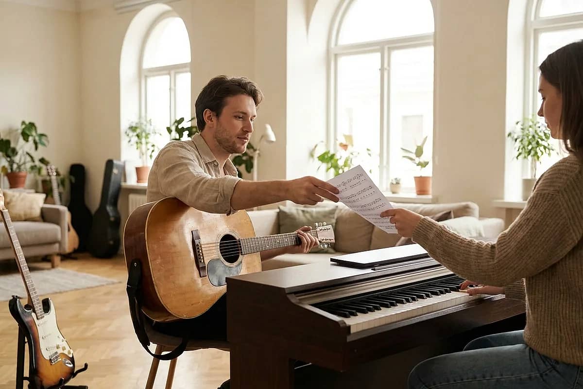 A guitarist handing a printed part to a keyboard player at rehearsal